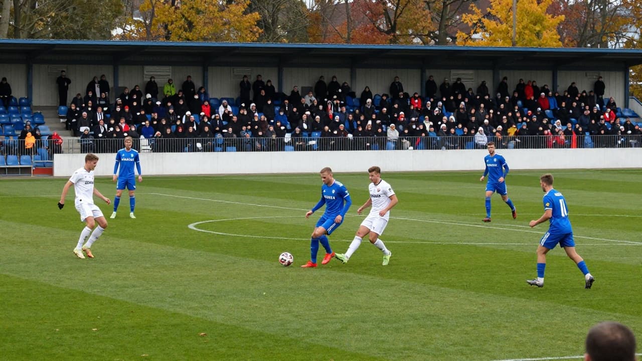 Footballers in white and blue kits compete for the ball