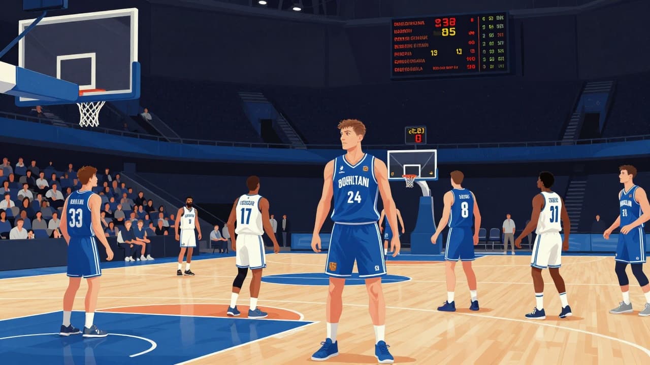 Basketball players in blue and white kits in the arena