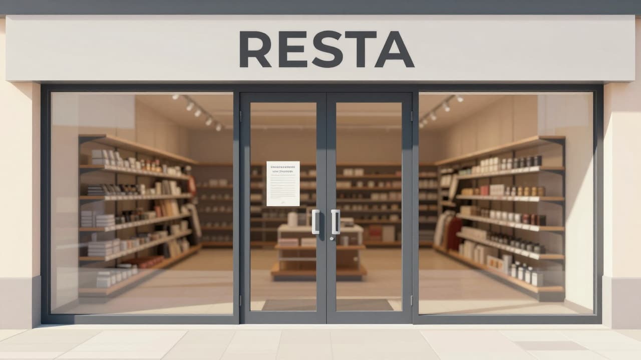 Closed doors of a store with empty shelves in the background