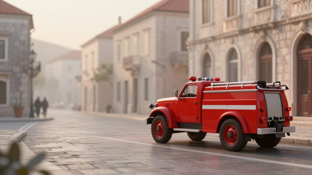 Red fire engine in a quiet street scene