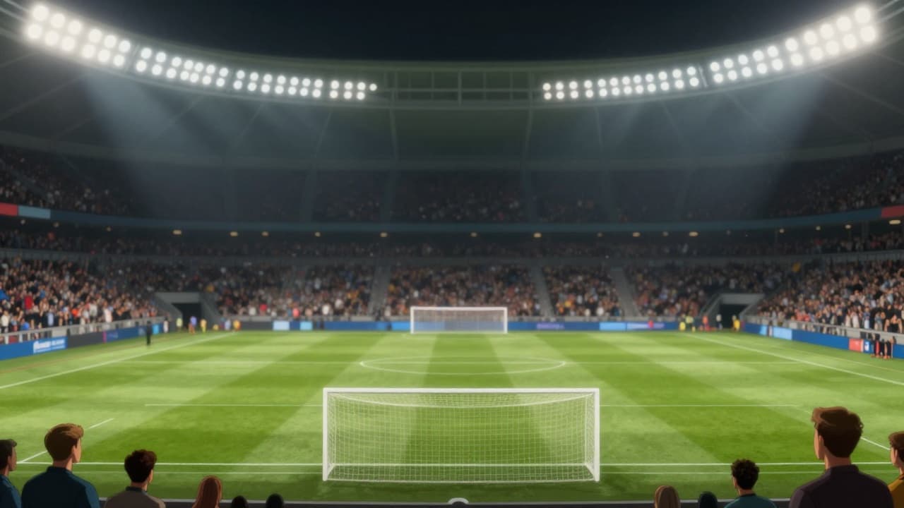 An empty football pitch under stadium lights
