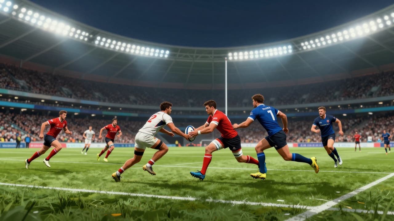 Rugbista u akciji pred punim stadionom