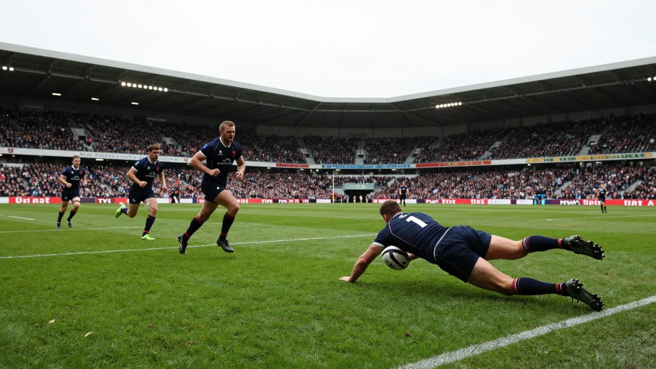 A player jumps for a touch in the corner of the field