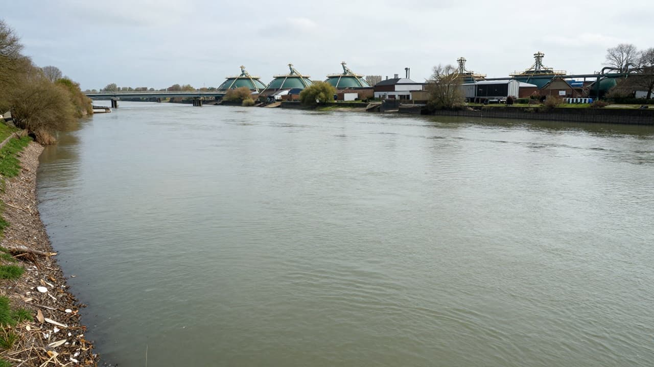 A polluted river with industrial infrastructure in the background