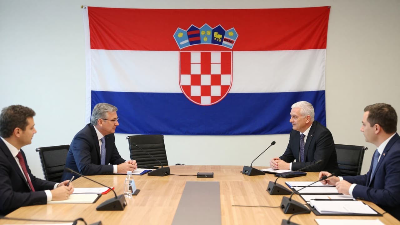 Round table with the Croatian flag in the background