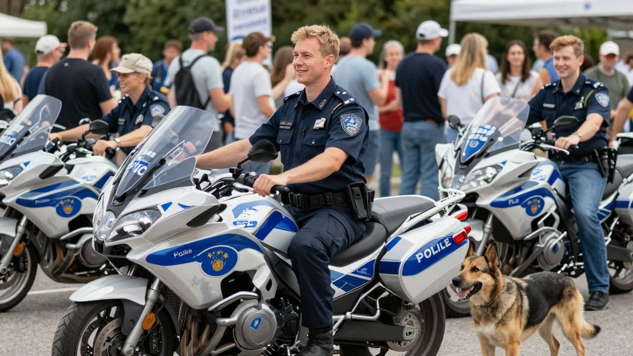 Policijski motocikli i pas u društvu posjetitelja