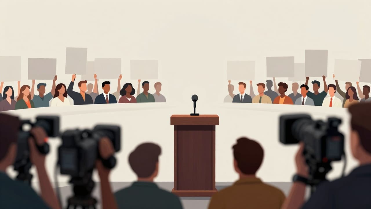 A political rally with a speaker and an audience