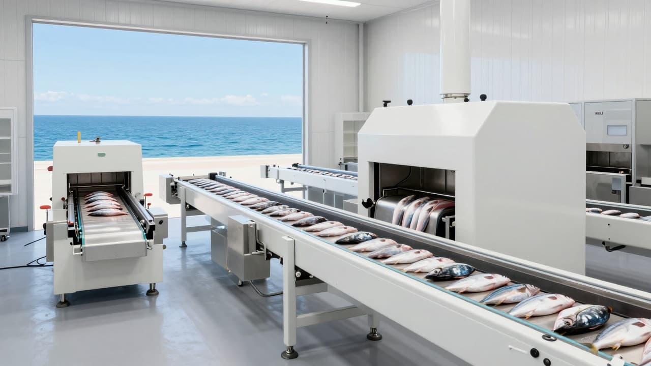 Workers inspect fresh fish in a modern facility