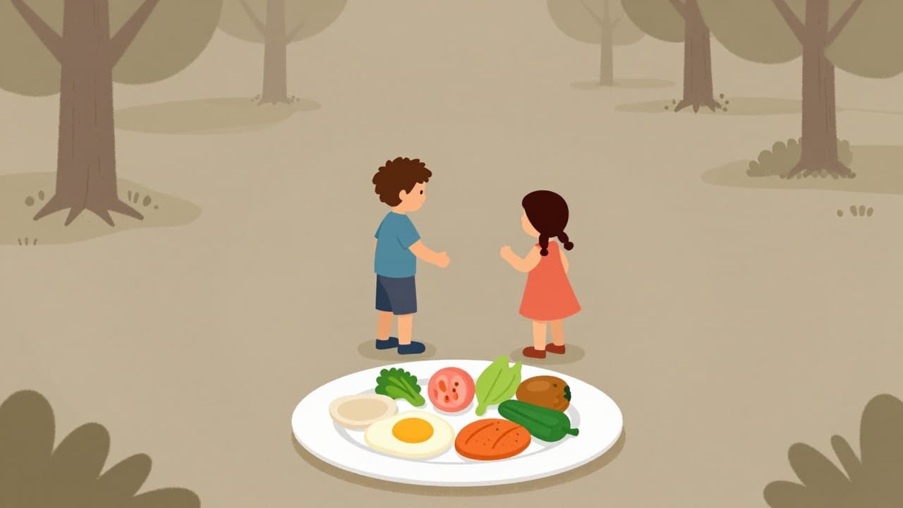 Children play outdoors with healthy food