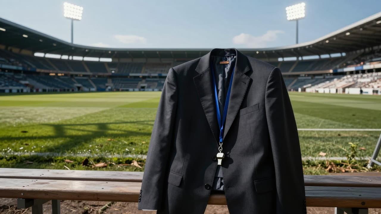 Referee's whistle on the bench under dramatic stadium lighting