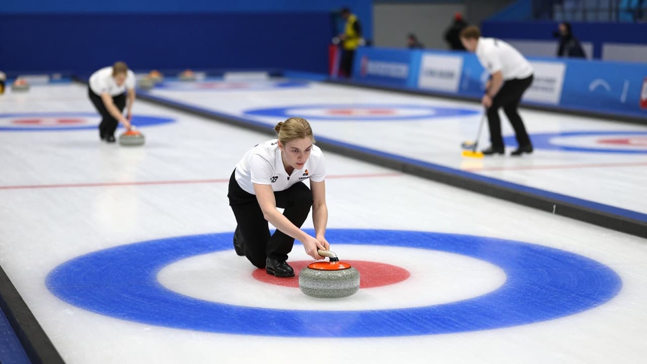 Curling on ice, player with stone and brush