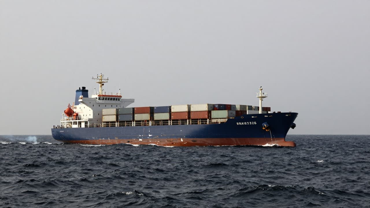Damaged container ship on dark waves