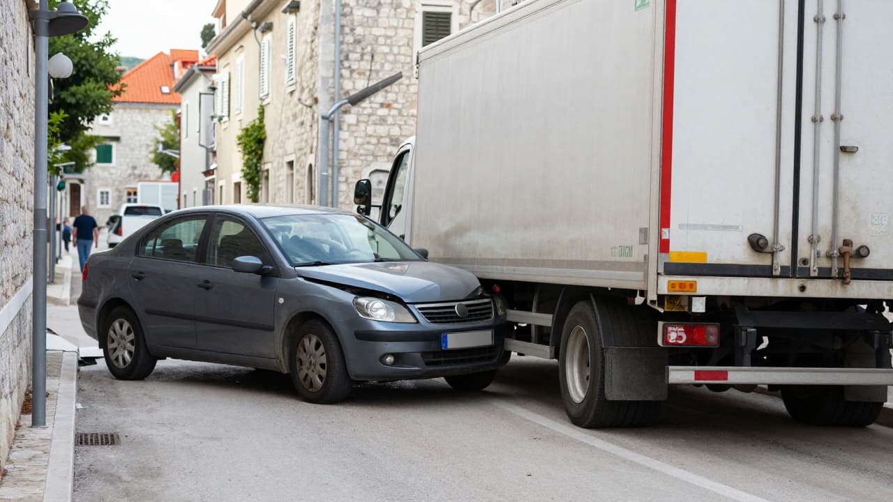 Damaged car leaning against a truck trailer