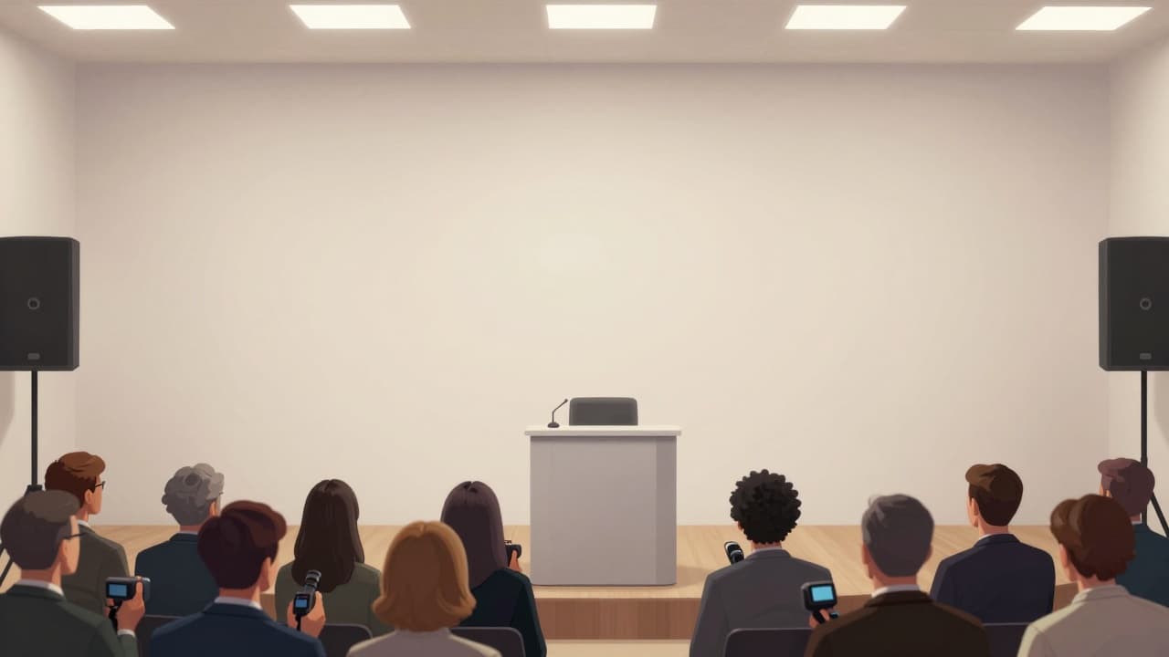 Prazno podijum i novinari na tiskovnoj konferenciji
