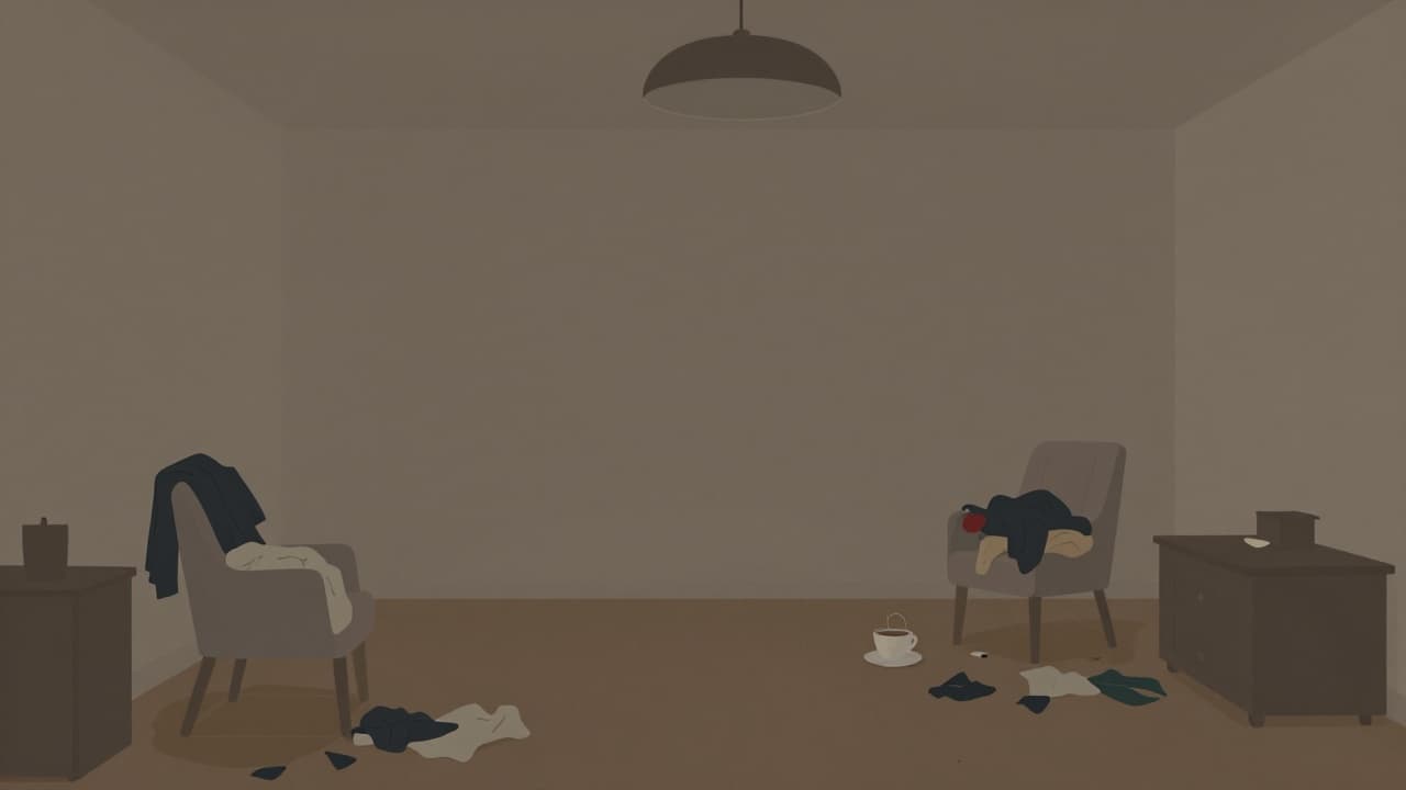 A restless living room in dim light