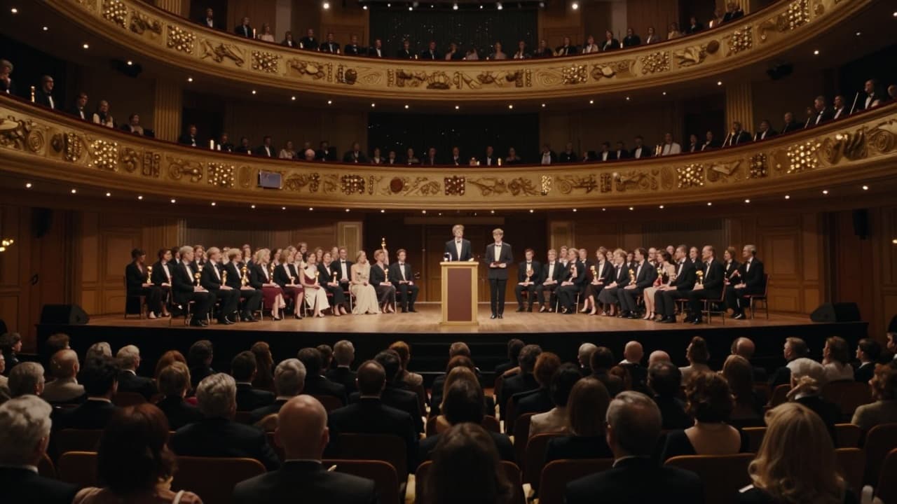 An empty stage with a microphone in a full auditorium