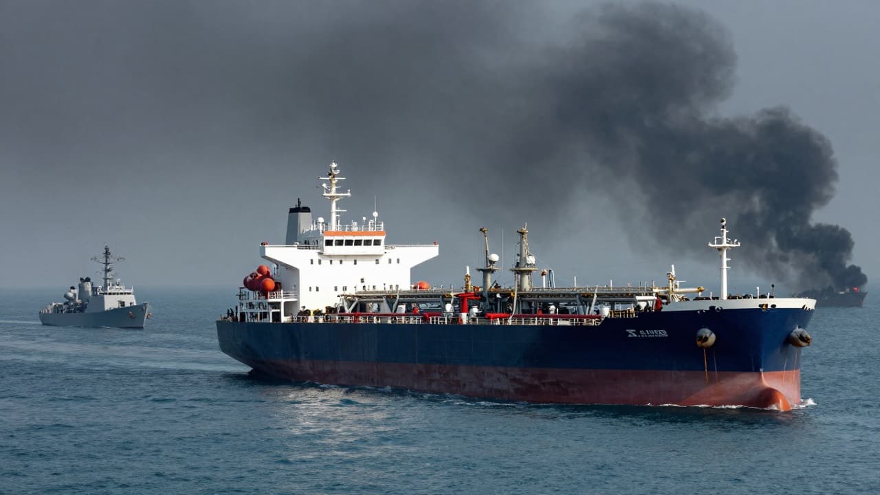 A tanker in the strait, with smoke and warships visible