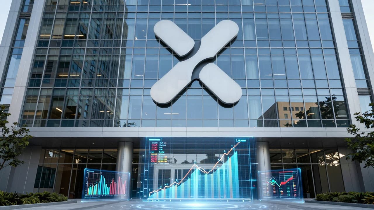 Headquarters of the technology company with stock charts