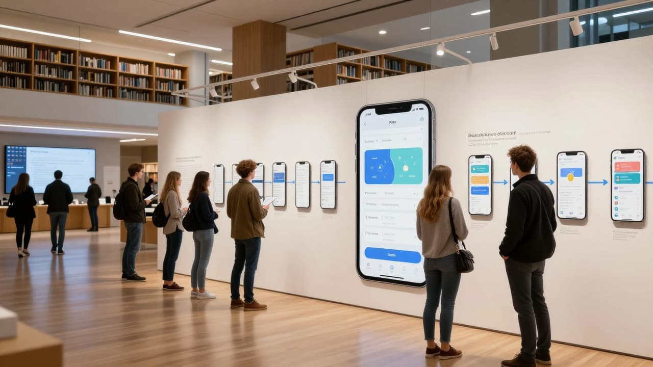 Visitors at the exhibition on the development of the app in the library