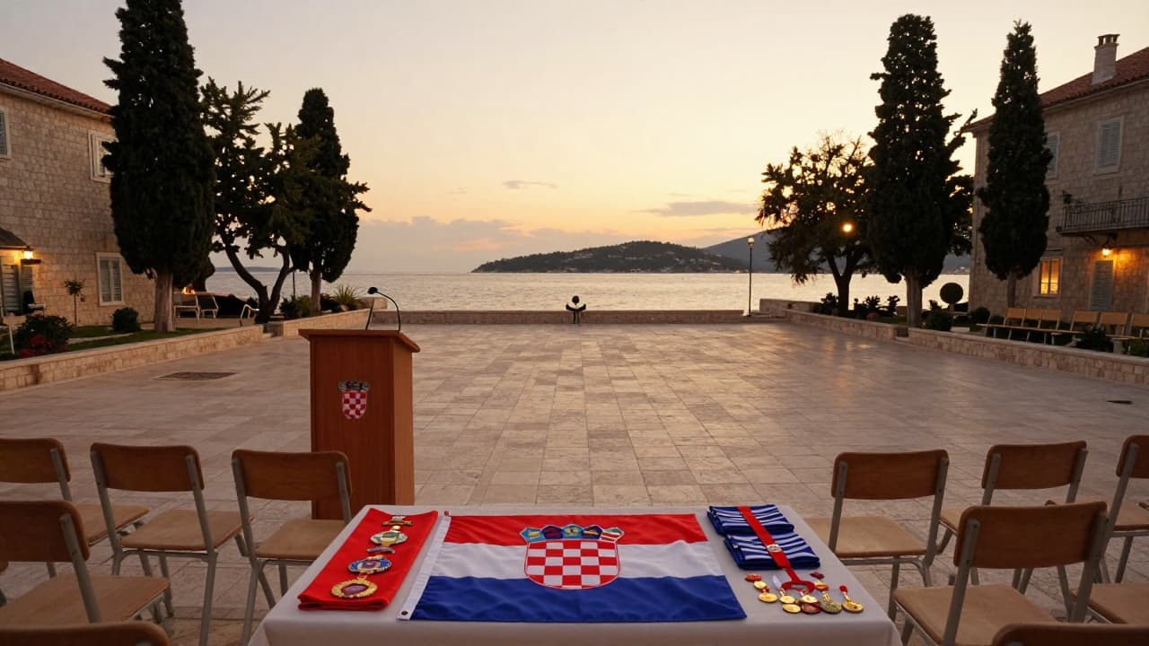 An empty plinth with a Croatian flag in the square