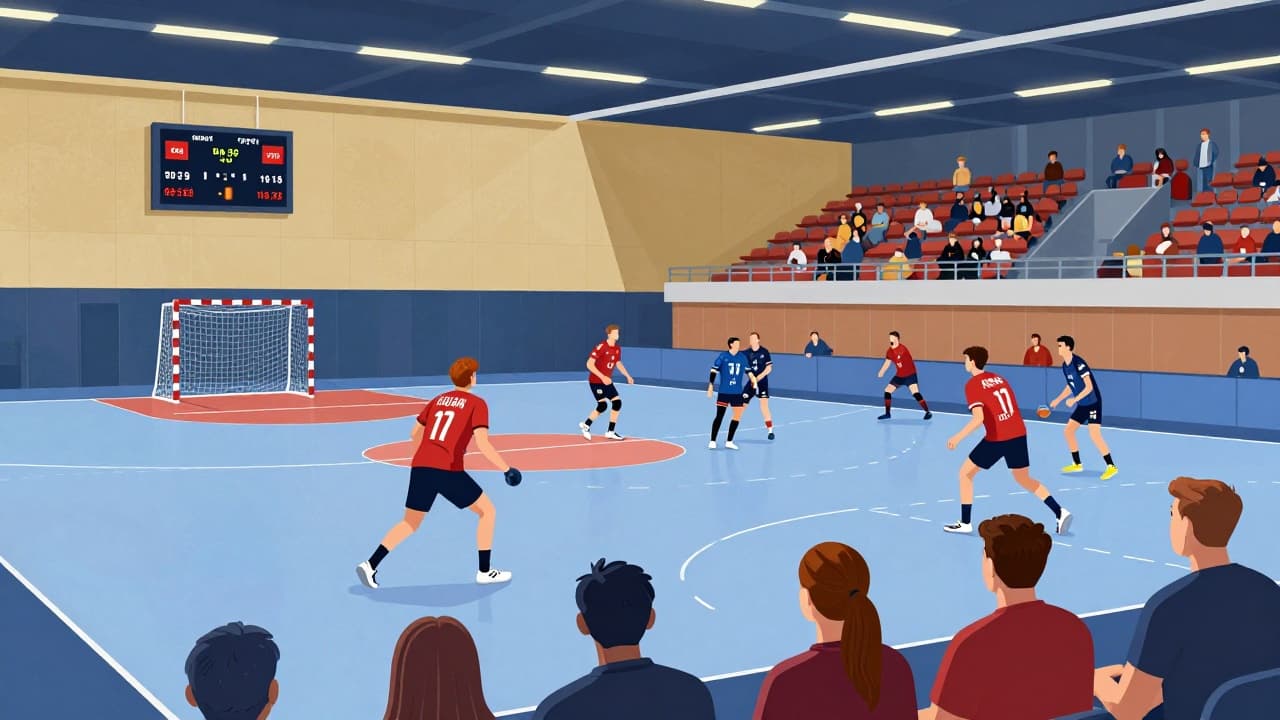 Handball players in action on the court