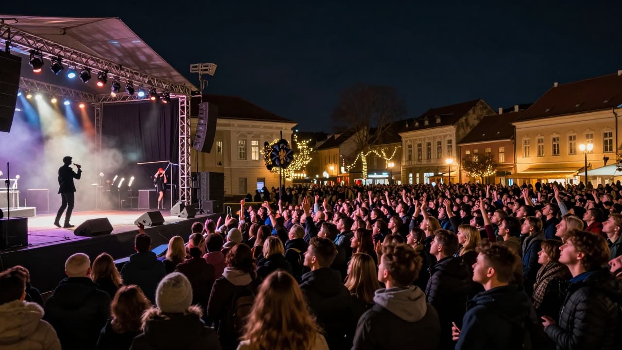 An outdoor night concert with an audience