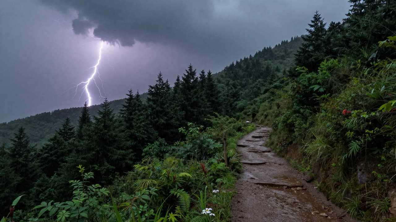 Kišna planinska staza pod olujnim nebom