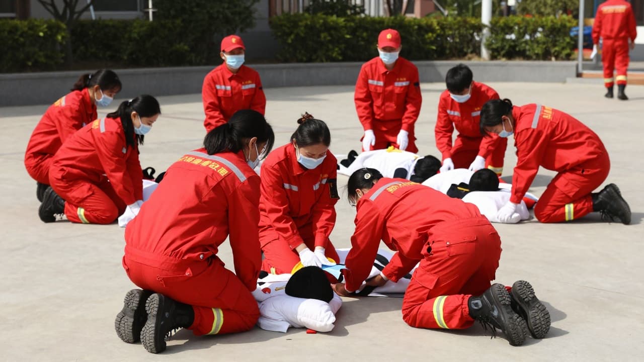Young people in red uniforms of the Red Cross