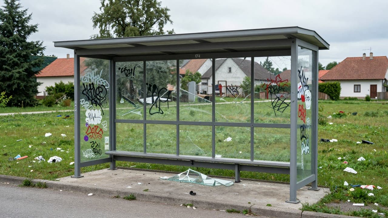 A damaged shelter with graffiti and scattered waste