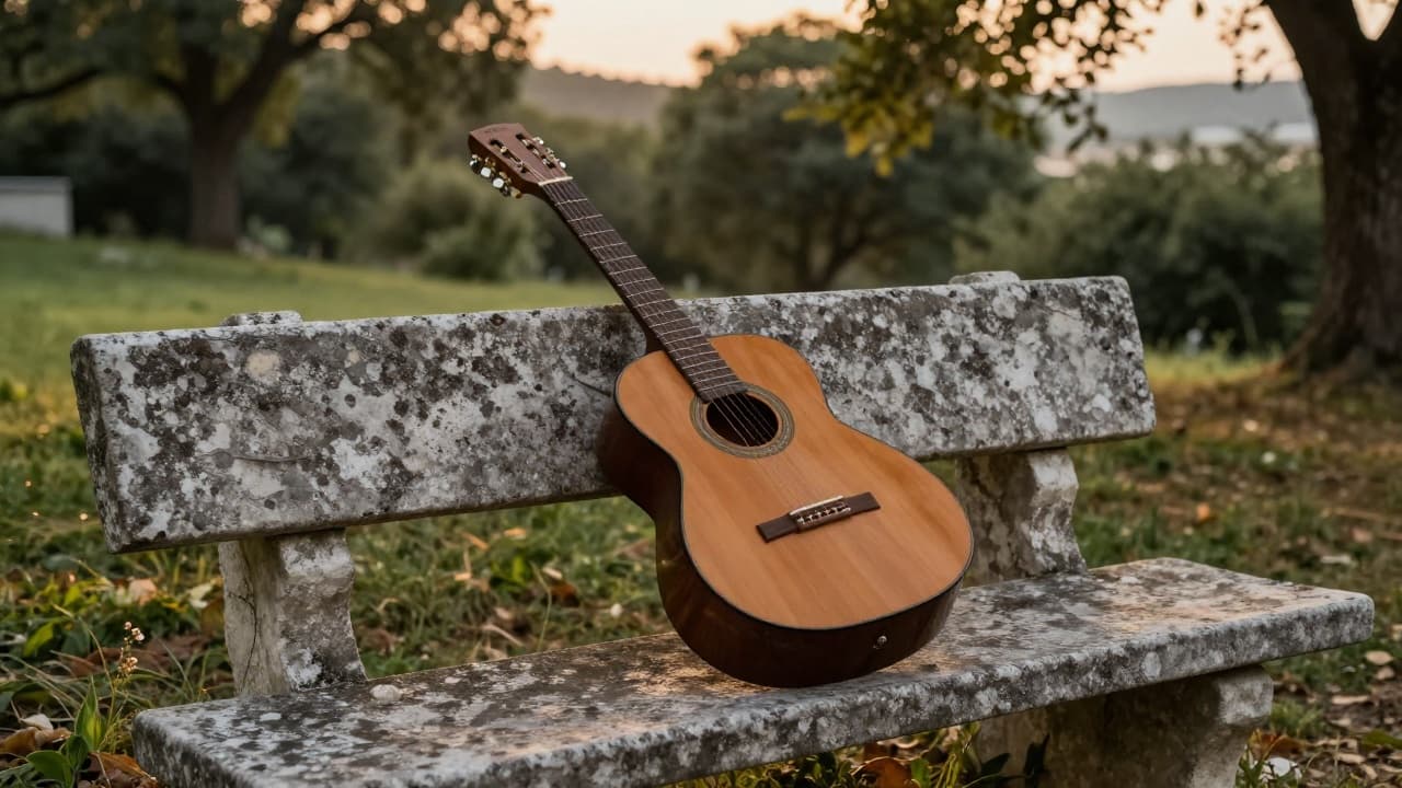 Acoustic guitar on a stone bench