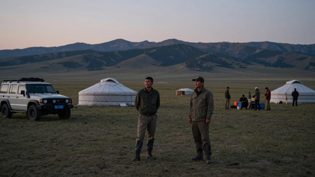 Hunters at a camp on the Mongolian steppe