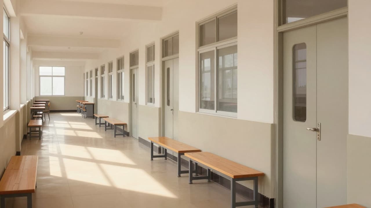 An empty school corridor with closed doors