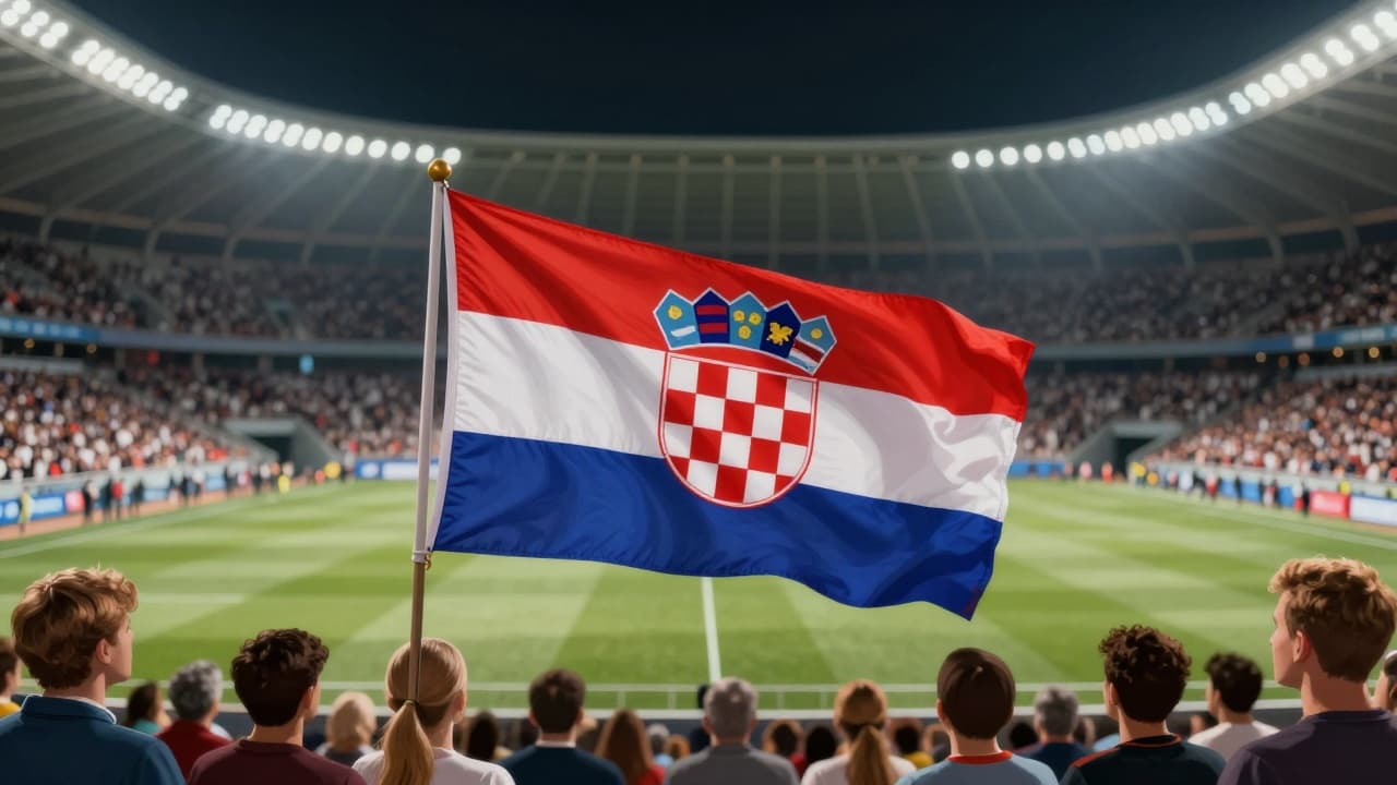 An empty field with a Croatian flag under floodlights