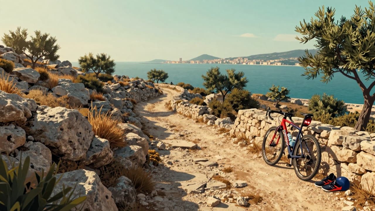 Bicycle, shoes and cap against the Mediterranean coast