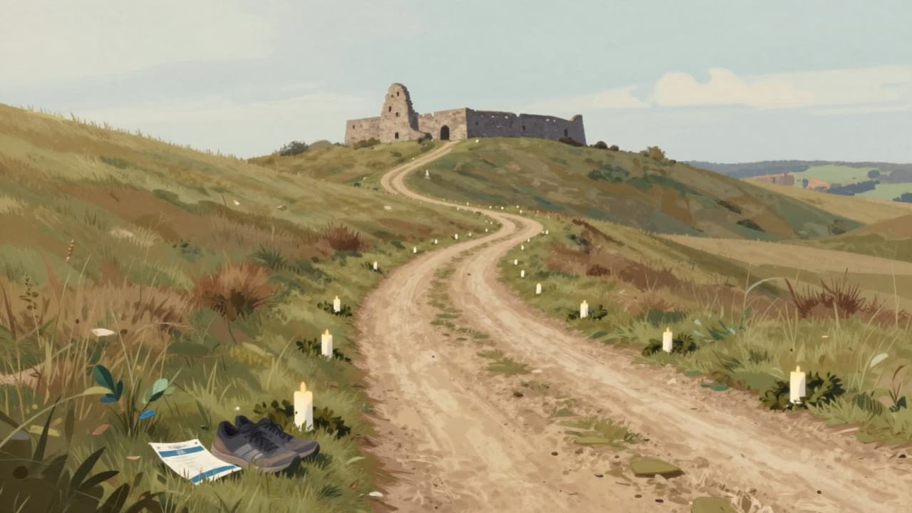 Route alongside memorial markers and running shoes