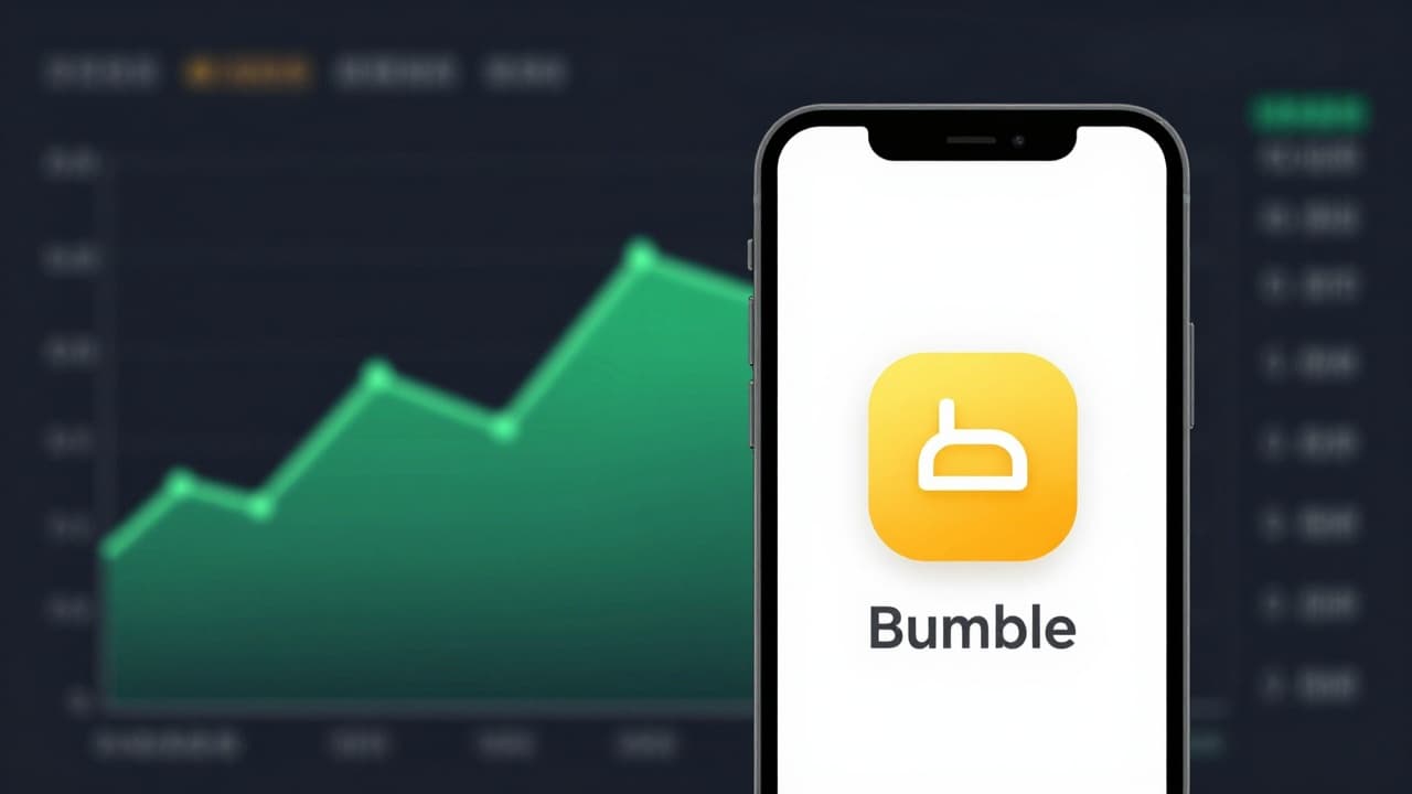 Bumble app interface and rising financial chart