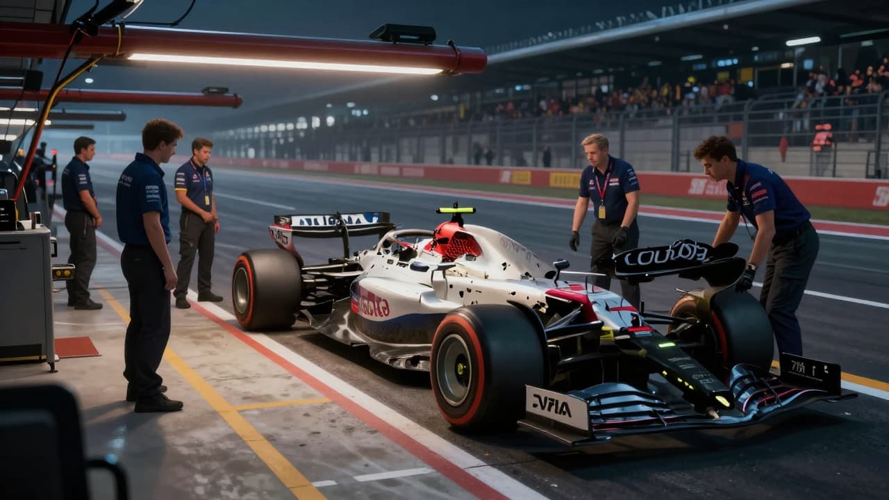 A damaged car in the pit lane, with mechanics surrounding it