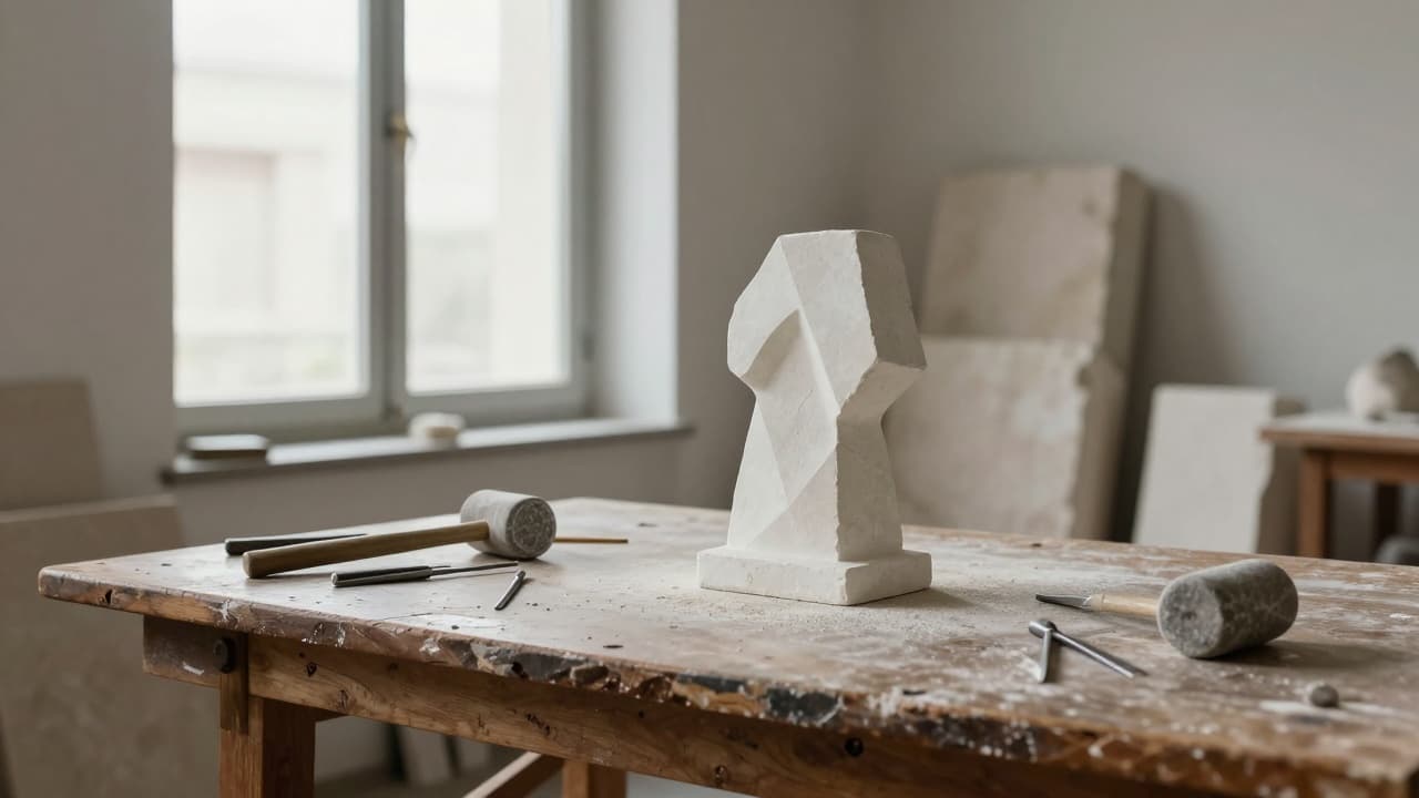 Sculptor's workbench with tools and a model
