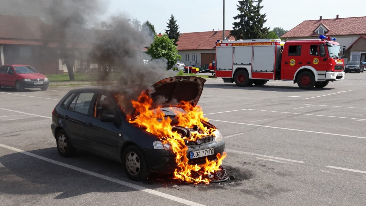 Požar u prostoru motora automobila na parkiralištu