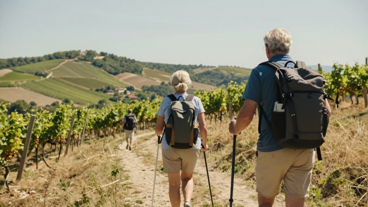 The couple hiking through vineyards