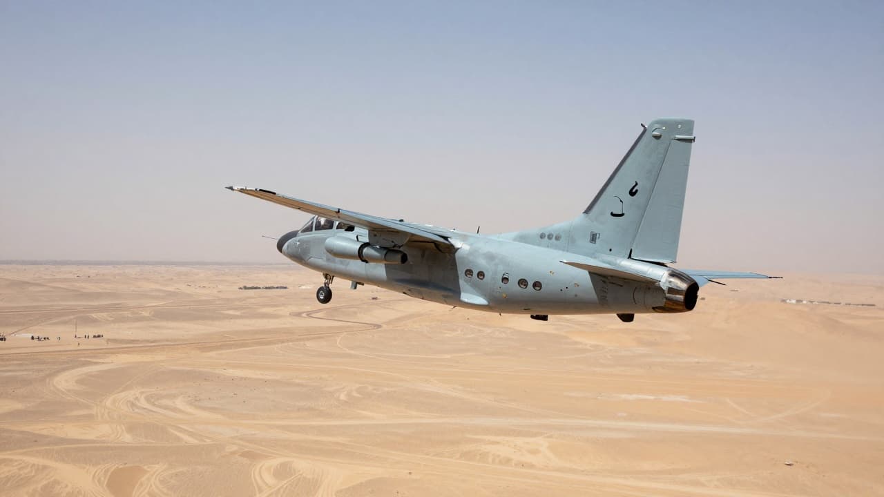 A Jordanian military aircraft in flight over the desert