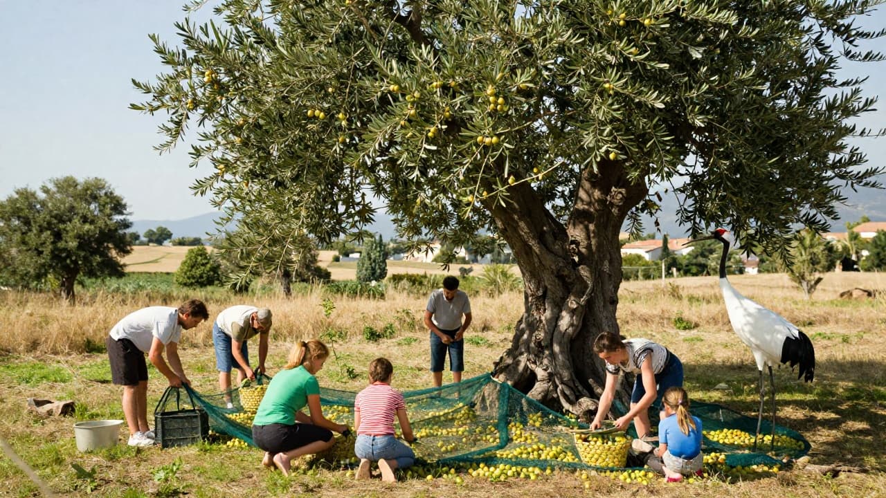 Harvesting fruit from the Old Olive Tree