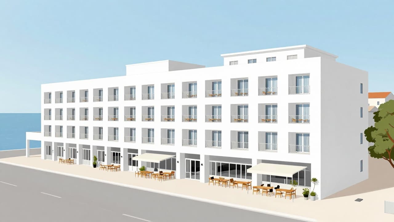 Modern hotel complex with white facades