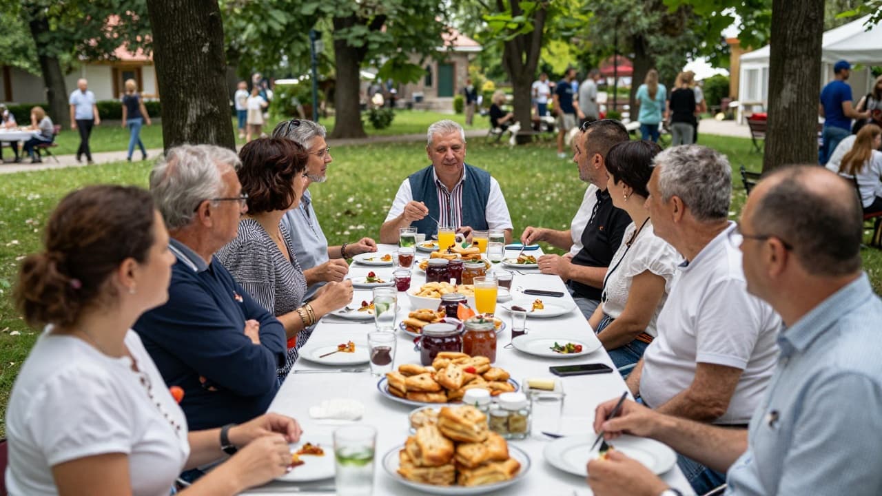 Traditional Turopolje dishes on a long table