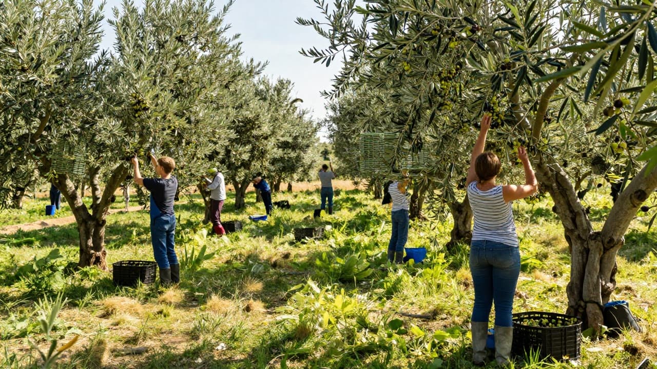 Olive harvest in an olive grove