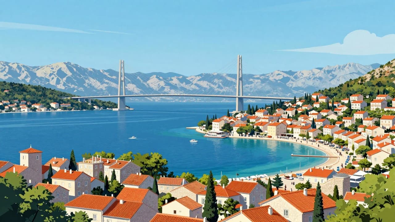Panorama of the Pelješac peninsula with the bridge and coastal towns