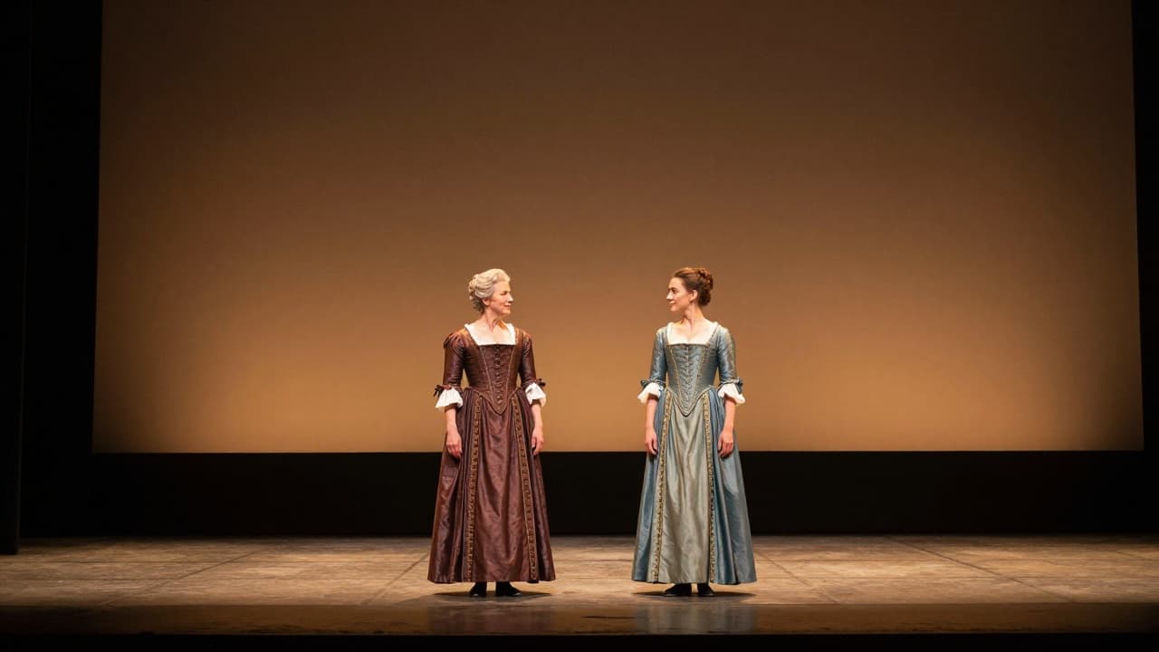 Two actresses in historical costumes on stage