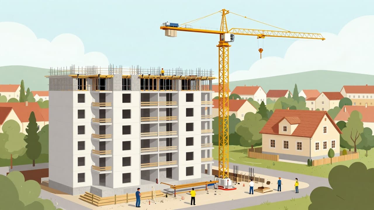 Construction site of a multi-storey residential building with a crane and workers