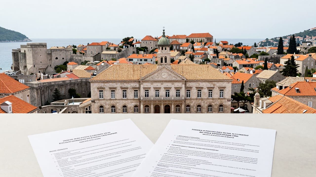 Documents on a table with a view of Dubrovnik rooftops