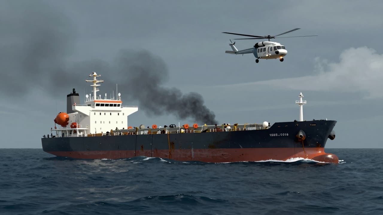 The damaged tanker at sea with a helicopter in the background